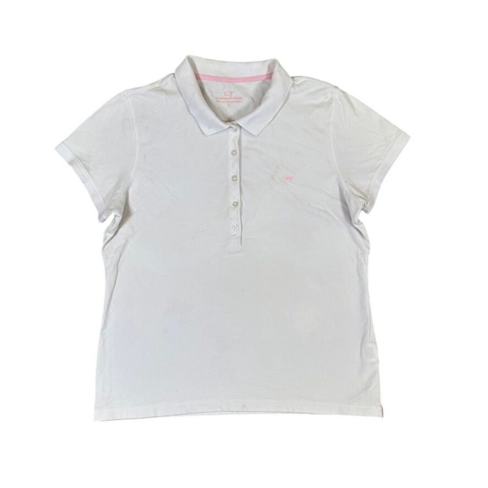 Vineyard Vines Womens White Short Sleeve Pink Whale Logo Polo Shirt Large